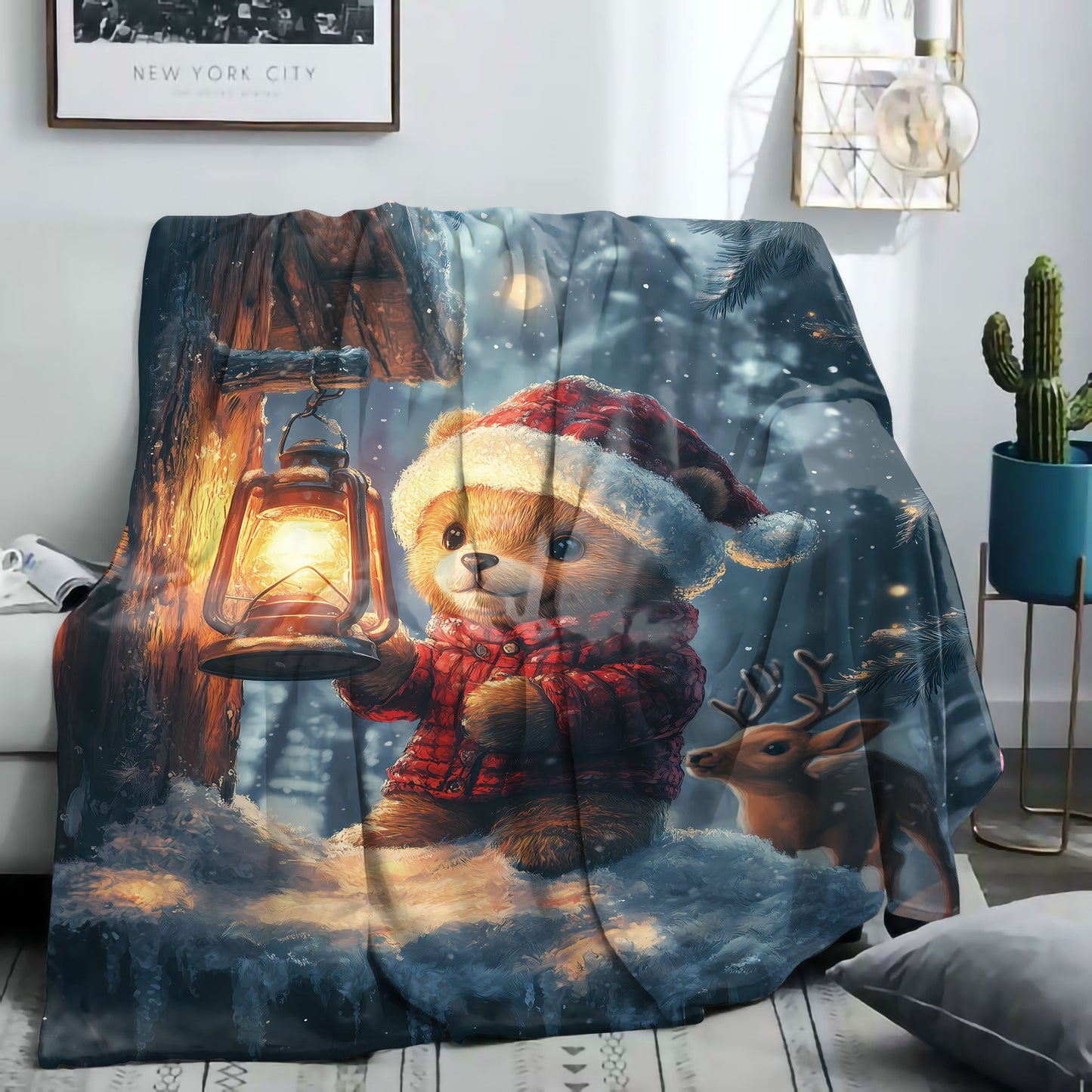 Mid-Century Style Christmas Teddy Bear and Deer Print Flannel Blanket - 1 Piece - Soft and Cozy Throw for Bed, Sofa, Office, Camping - Suitable for All Seasons - Features Digital Print and Knitted Polyester - Lightweight and Comfortable at 200-250gsm