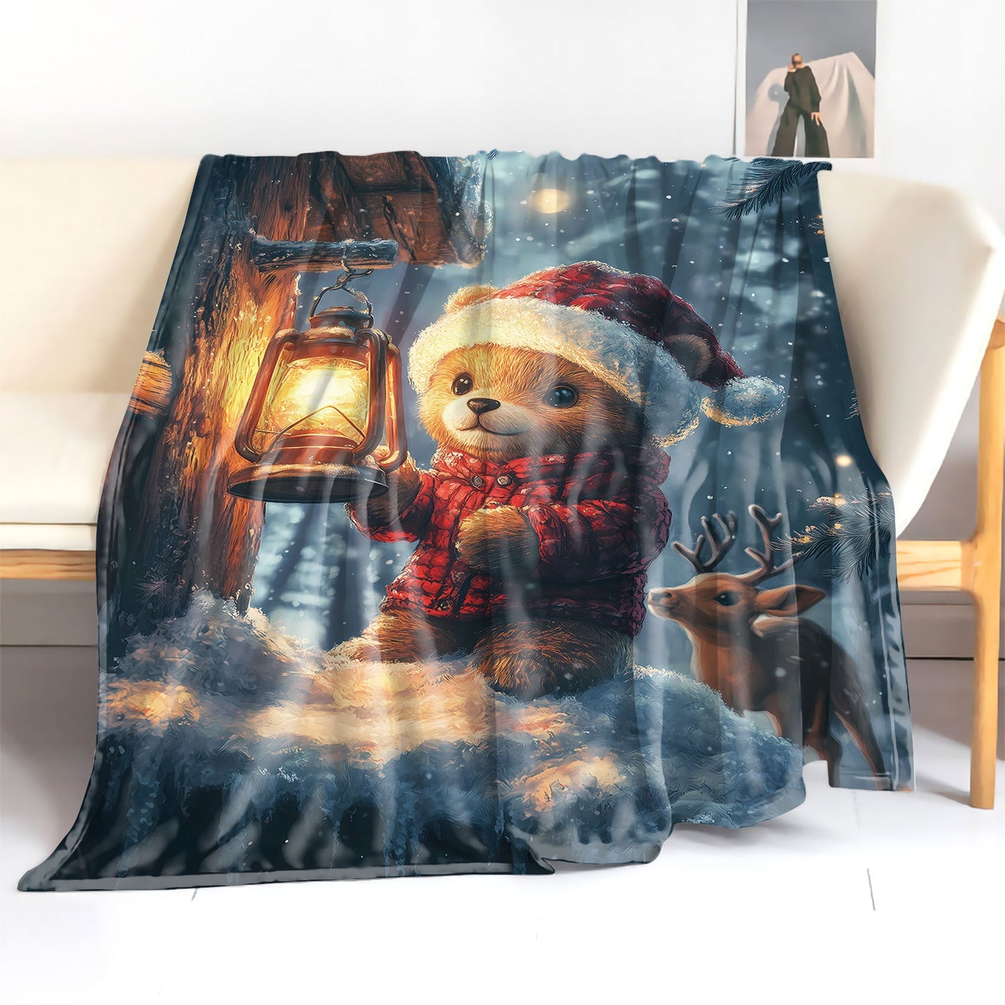 Mid-Century Style Christmas Teddy Bear and Deer Print Flannel Blanket - 1 Piece - Soft and Cozy Throw for Bed, Sofa, Office, Camping - Suitable for All Seasons - Features Digital Print and Knitted Polyester - Lightweight and Comfortable at 200-250gsm