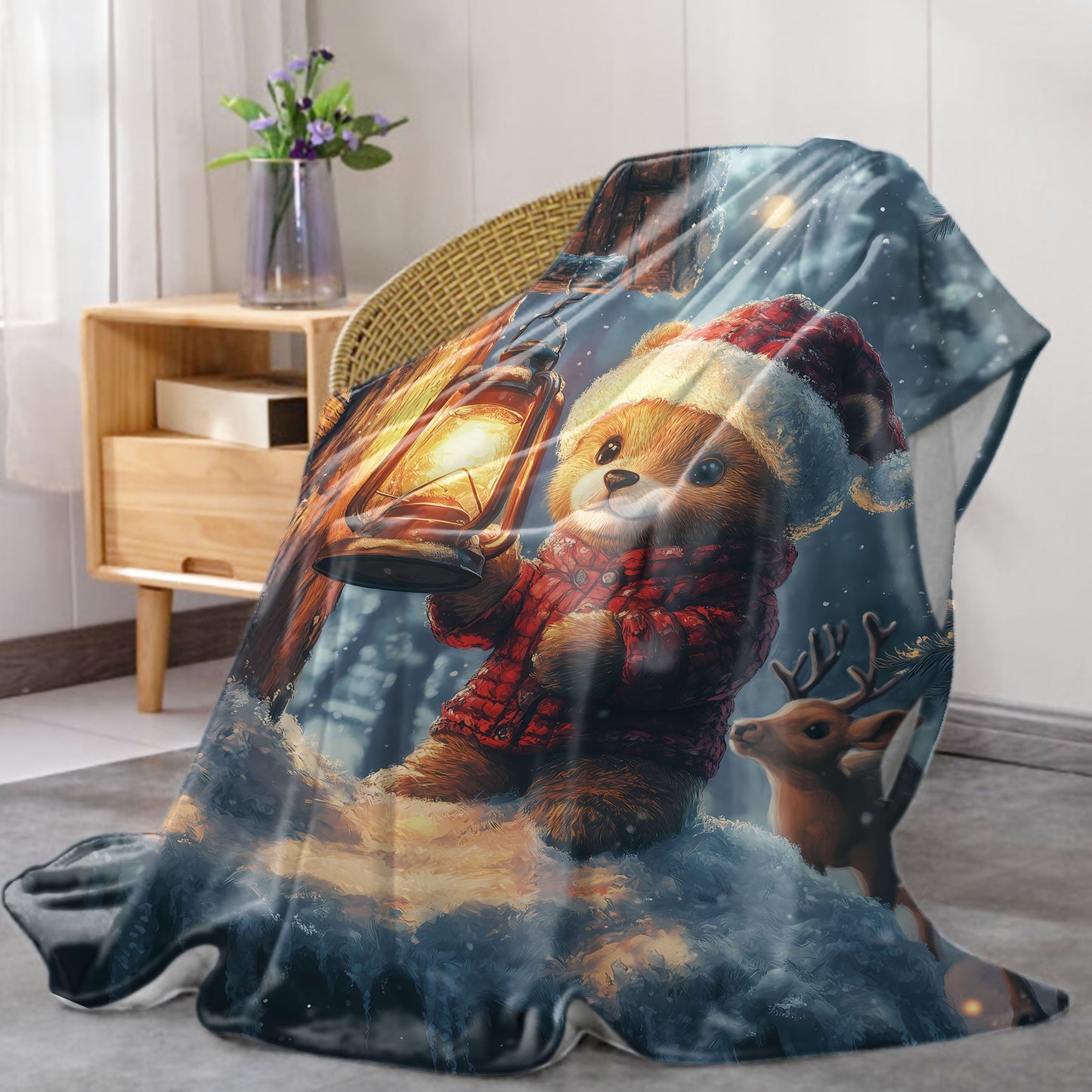 Mid-Century Style Christmas Teddy Bear and Deer Print Flannel Blanket - 1 Piece - Soft and Cozy Throw for Bed, Sofa, Office, Camping - Suitable for All Seasons - Features Digital Print and Knitted Polyester - Lightweight and Comfortable at 200-250gsm