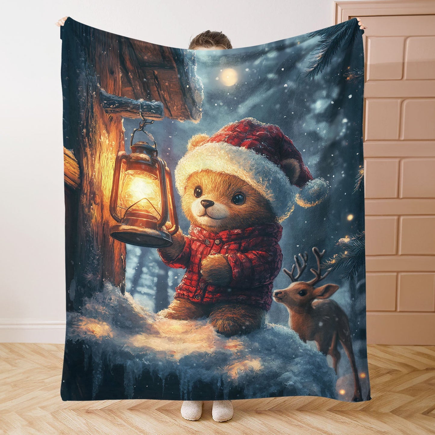 Mid-Century Style Christmas Teddy Bear and Deer Print Flannel Blanket - 1 Piece - Soft and Cozy Throw for Bed, Sofa, Office, Camping - Suitable for All Seasons - Features Digital Print and Knitted Polyester - Lightweight and Comfortable at 200-250gsm