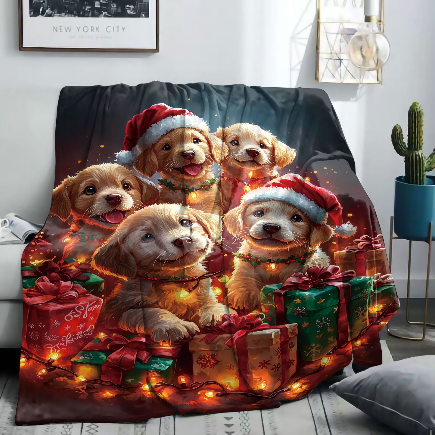 Cozy up with our adorable Mid-Century Style Christmas Puppy Flannel Throw Blanket! This 1PC mixed color knitted polyester blanket features a digital print of puppies wearing Santa hats, surrounded by sparkling lights and gifts. Perfect for adding a