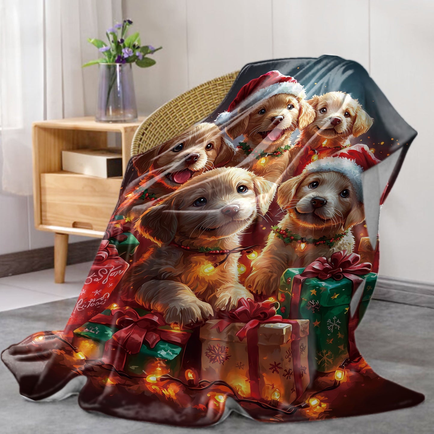 Cozy up with our adorable Mid-Century Style Christmas Puppy Flannel Throw Blanket! This 1PC mixed color knitted polyester blanket features a digital print of puppies wearing Santa hats, surrounded by sparkling lights and gifts. Perfect for adding a