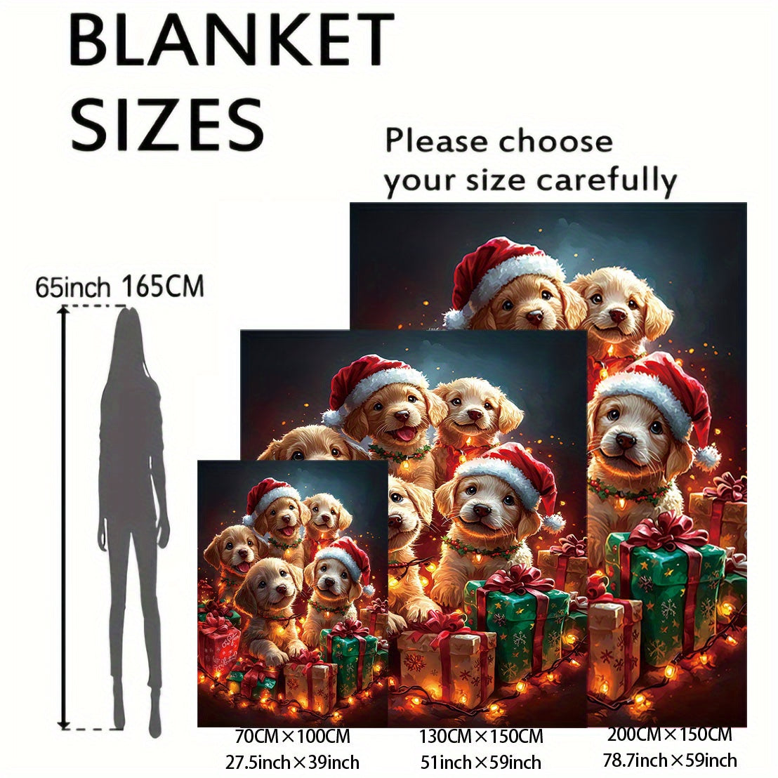 Cozy up with our adorable Mid-Century Style Christmas Puppy Flannel Throw Blanket! This 1PC mixed color knitted polyester blanket features a digital print of puppies wearing Santa hats, surrounded by sparkling lights and gifts. Perfect for adding a