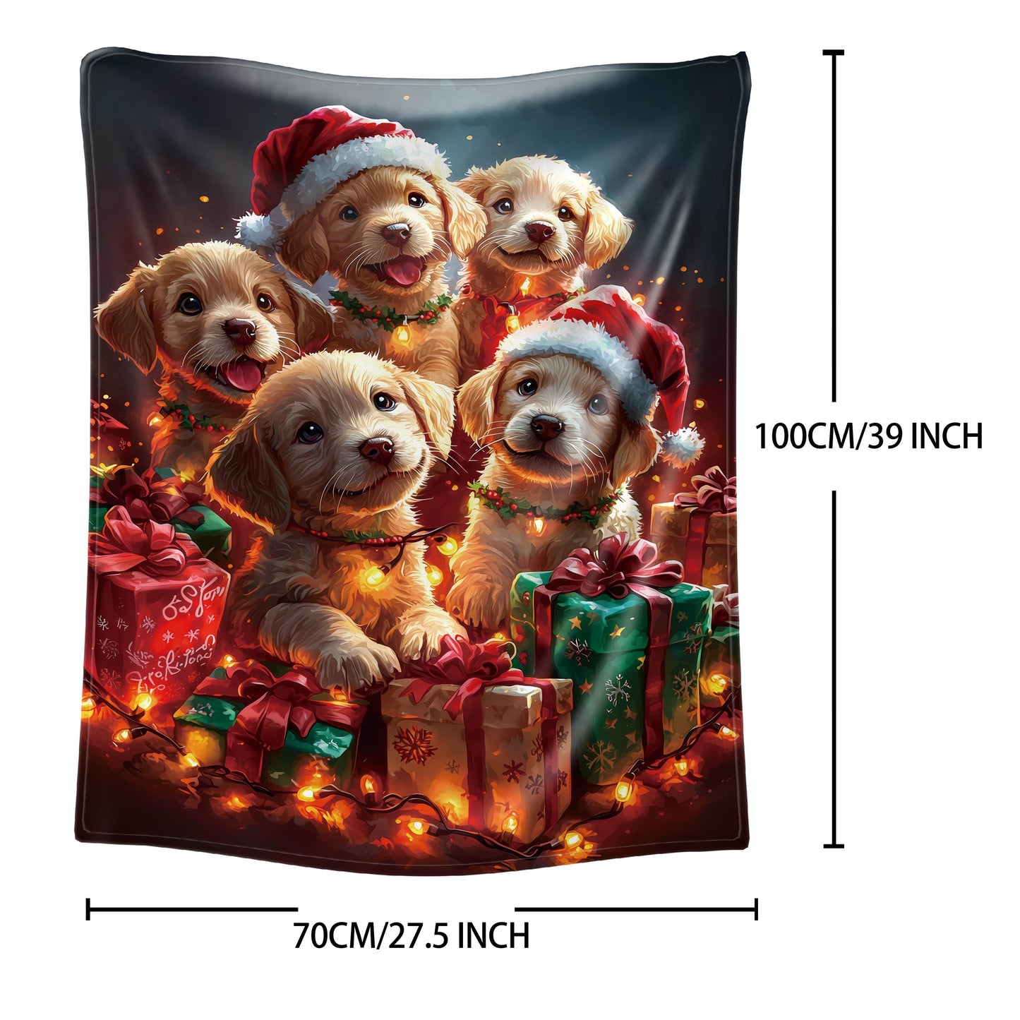 Cozy up with our adorable Mid-Century Style Christmas Puppy Flannel Throw Blanket! This 1PC mixed color knitted polyester blanket features a digital print of puppies wearing Santa hats, surrounded by sparkling lights and gifts. Perfect for adding a