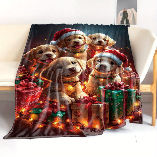 Cozy up with our adorable Mid-Century Style Christmas Puppy Flannel Throw Blanket! This 1PC mixed color knitted polyester blanket features a digital print of puppies wearing Santa hats, surrounded by sparkling lights and gifts. Perfect for adding a