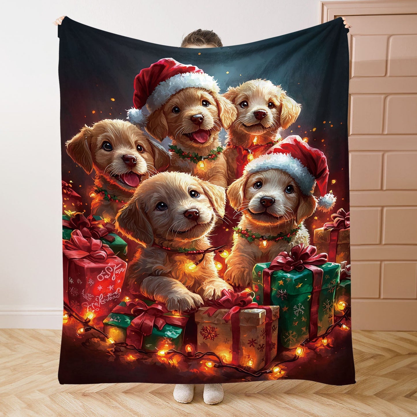 Cozy up with our adorable Mid-Century Style Christmas Puppy Flannel Throw Blanket! This 1PC mixed color knitted polyester blanket features a digital print of puppies wearing Santa hats, surrounded by sparkling lights and gifts. Perfect for adding a