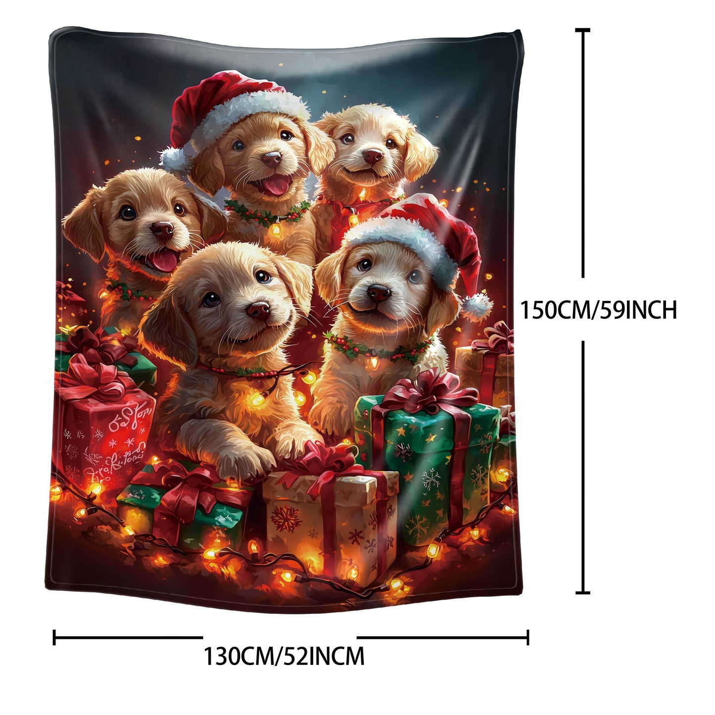 Cozy up with our adorable Mid-Century Style Christmas Puppy Flannel Throw Blanket! This 1PC mixed color knitted polyester blanket features a digital print of puppies wearing Santa hats, surrounded by sparkling lights and gifts. Perfect for adding a