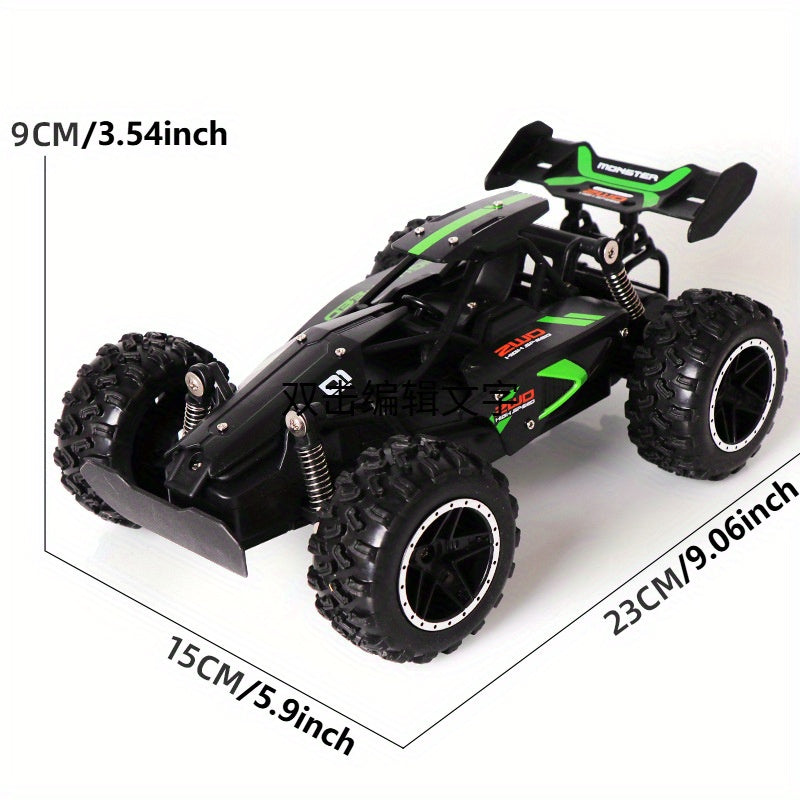 Fast 2.4G remote control off-road car for kids - rechargeable, durable plastic, in green/blue for winter.