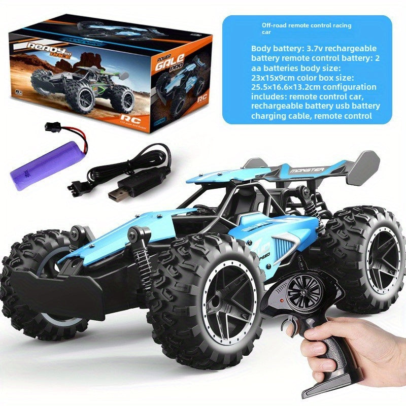 Fast 2.4G remote control off-road car for kids - rechargeable, durable plastic, in green/blue for winter.