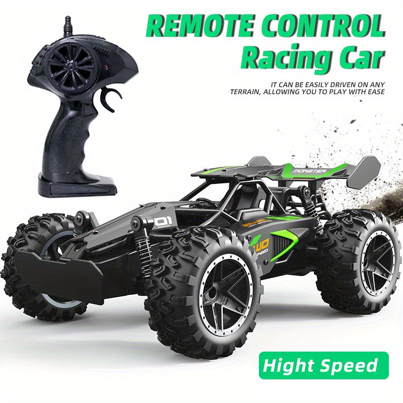 Fast 2.4G remote control off-road car for kids - rechargeable, durable plastic, in green/blue for winter.