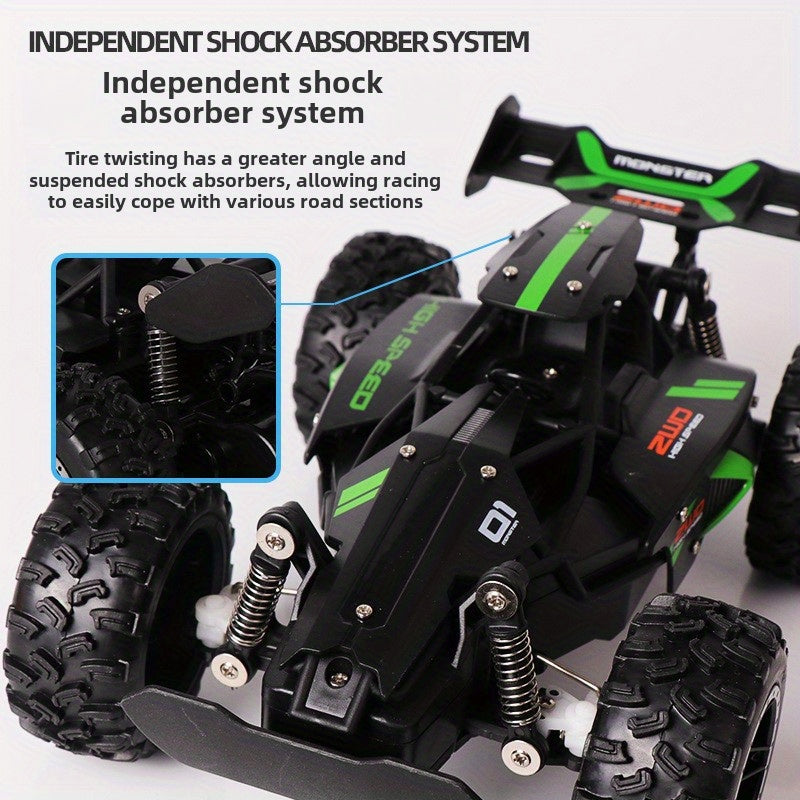 Fast 2.4G remote control off-road car for kids - rechargeable, durable plastic, in green/blue for winter.