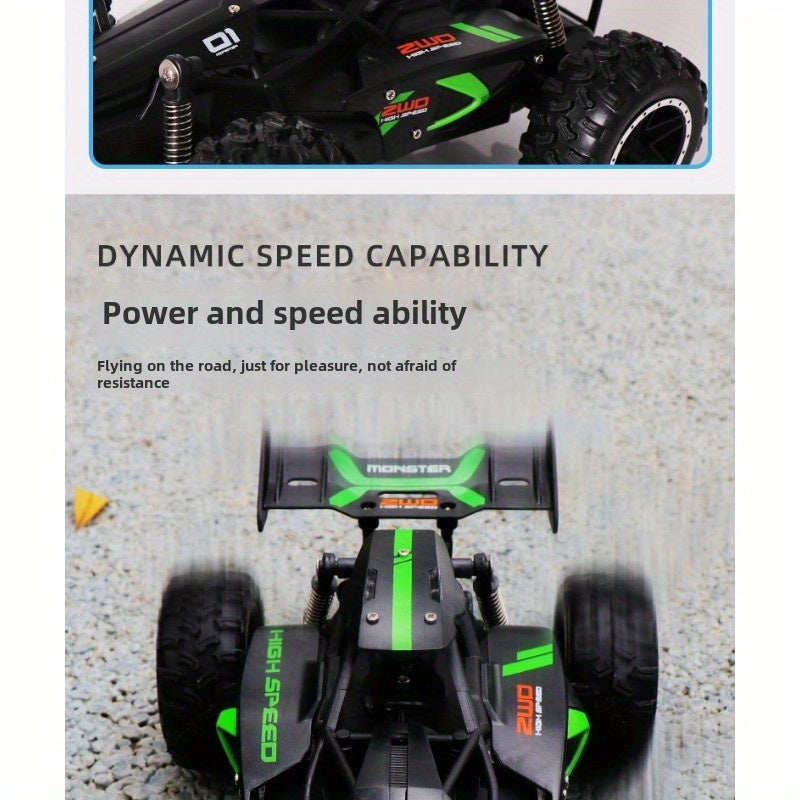 Fast 2.4G remote control off-road car for kids - rechargeable, durable plastic, in green/blue for winter.