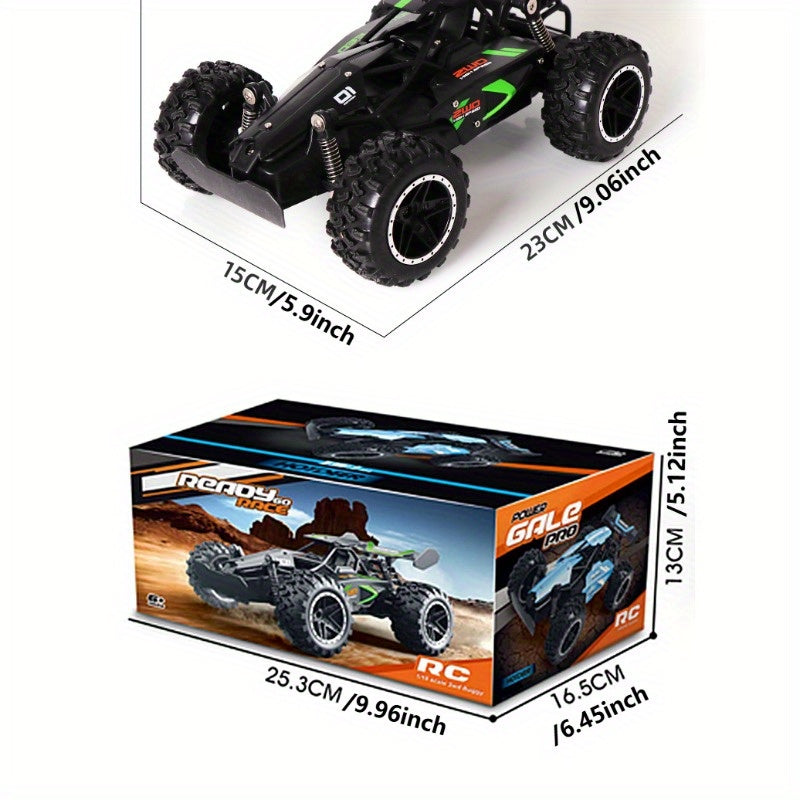 Fast 2.4G remote control off-road car for kids - rechargeable, durable plastic, in green/blue for winter.