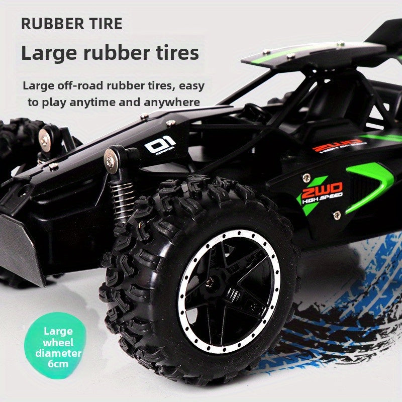 Fast 2.4G remote control off-road car for kids - rechargeable, durable plastic, in green/blue for winter.