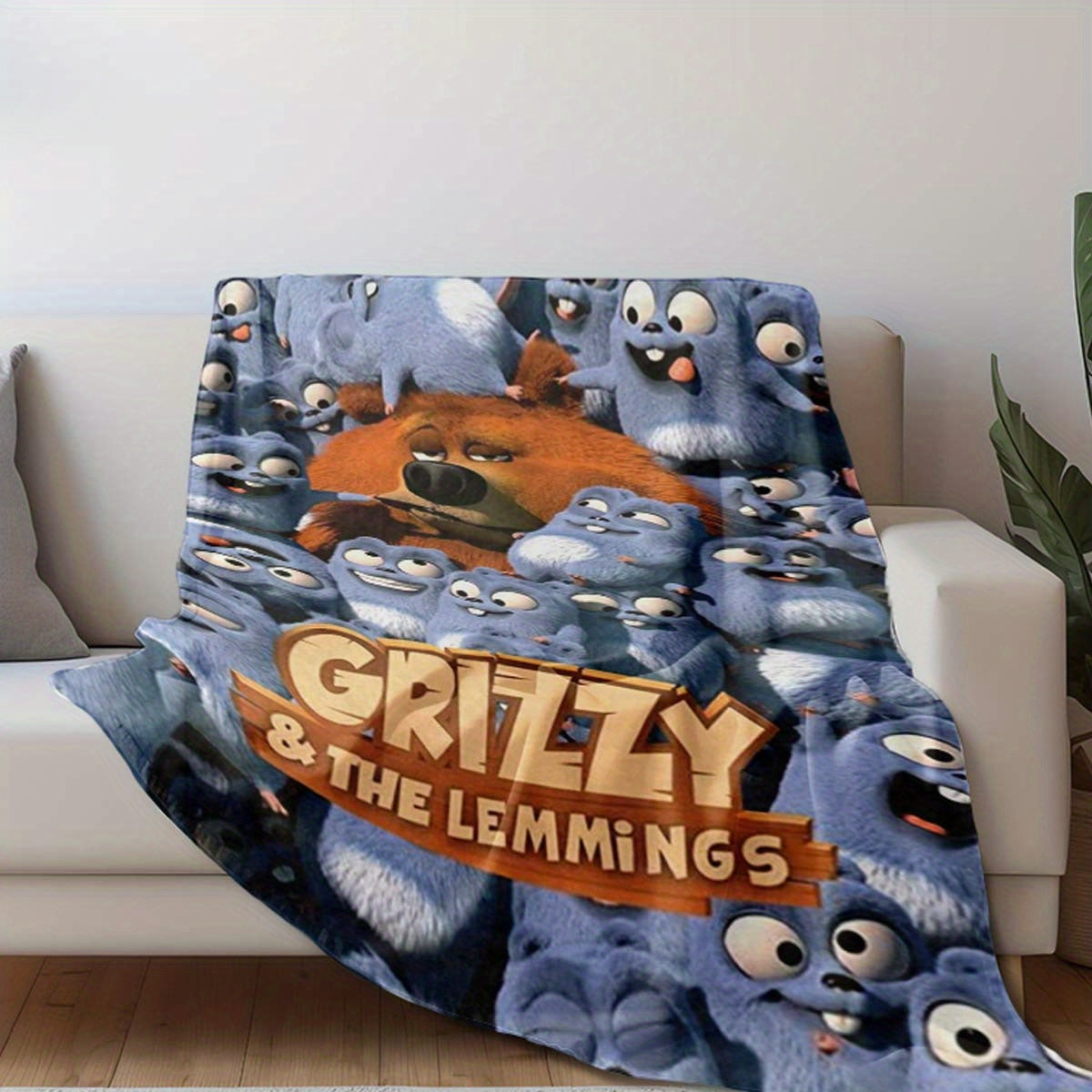 Flannel Throw Blanket featuring Grizzly & The Lemmings - Made of 100% Polyester, Digital Print, Non-woven Fabric, Lightweight, Suitable for All Seasons, Perfect for Travel, Napping, Office, Picnicking, Beach Trips - Multi-colored with Anime Design