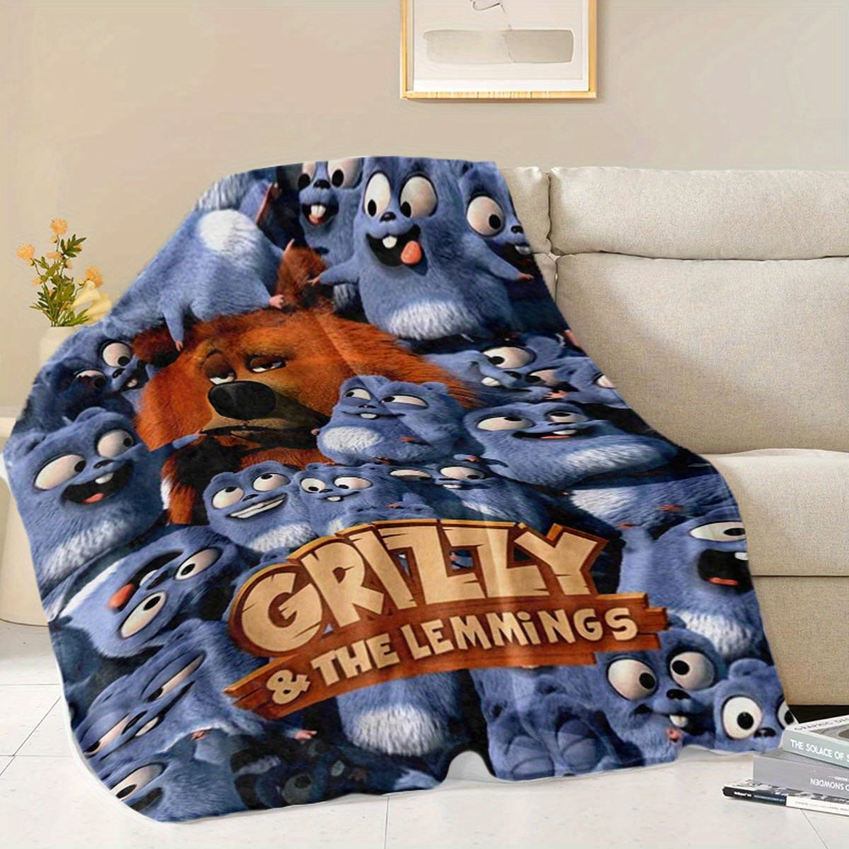 Flannel Throw Blanket featuring Grizzly & The Lemmings - Made of 100% Polyester, Digital Print, Non-woven Fabric, Lightweight, Suitable for All Seasons, Perfect for Travel, Napping, Office, Picnicking, Beach Trips - Multi-colored with Anime Design