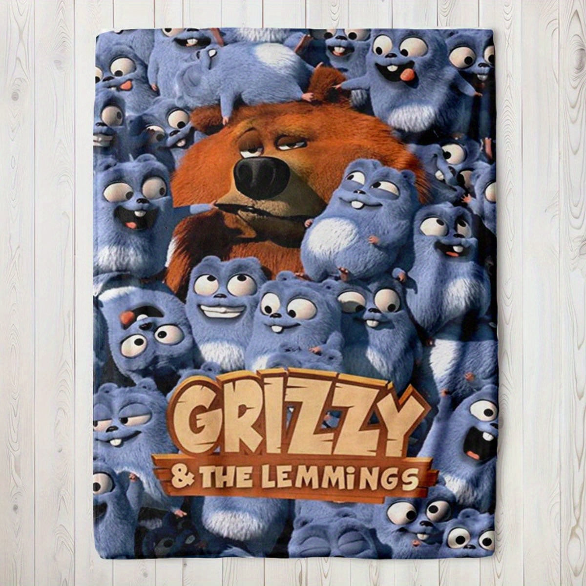 Flannel Throw Blanket featuring Grizzly & The Lemmings - Made of 100% Polyester, Digital Print, Non-woven Fabric, Lightweight, Suitable for All Seasons, Perfect for Travel, Napping, Office, Picnicking, Beach Trips - Multi-colored with Anime Design