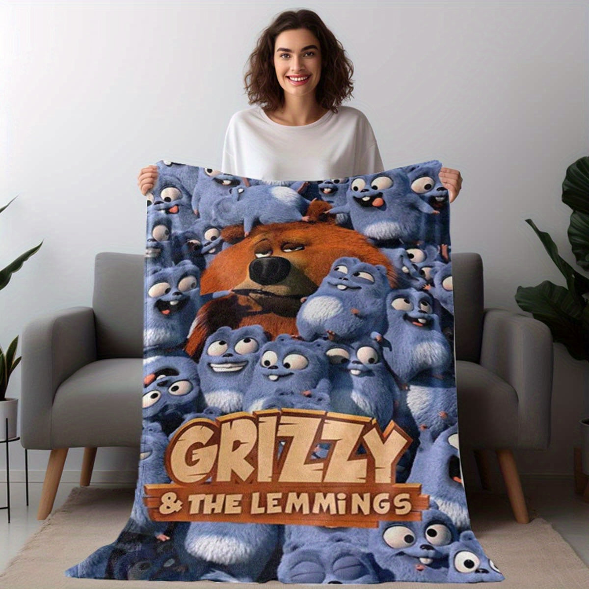 Flannel Throw Blanket featuring Grizzly & The Lemmings - Made of 100% Polyester, Digital Print, Non-woven Fabric, Lightweight, Suitable for All Seasons, Perfect for Travel, Napping, Office, Picnicking, Beach Trips - Multi-colored with Anime Design