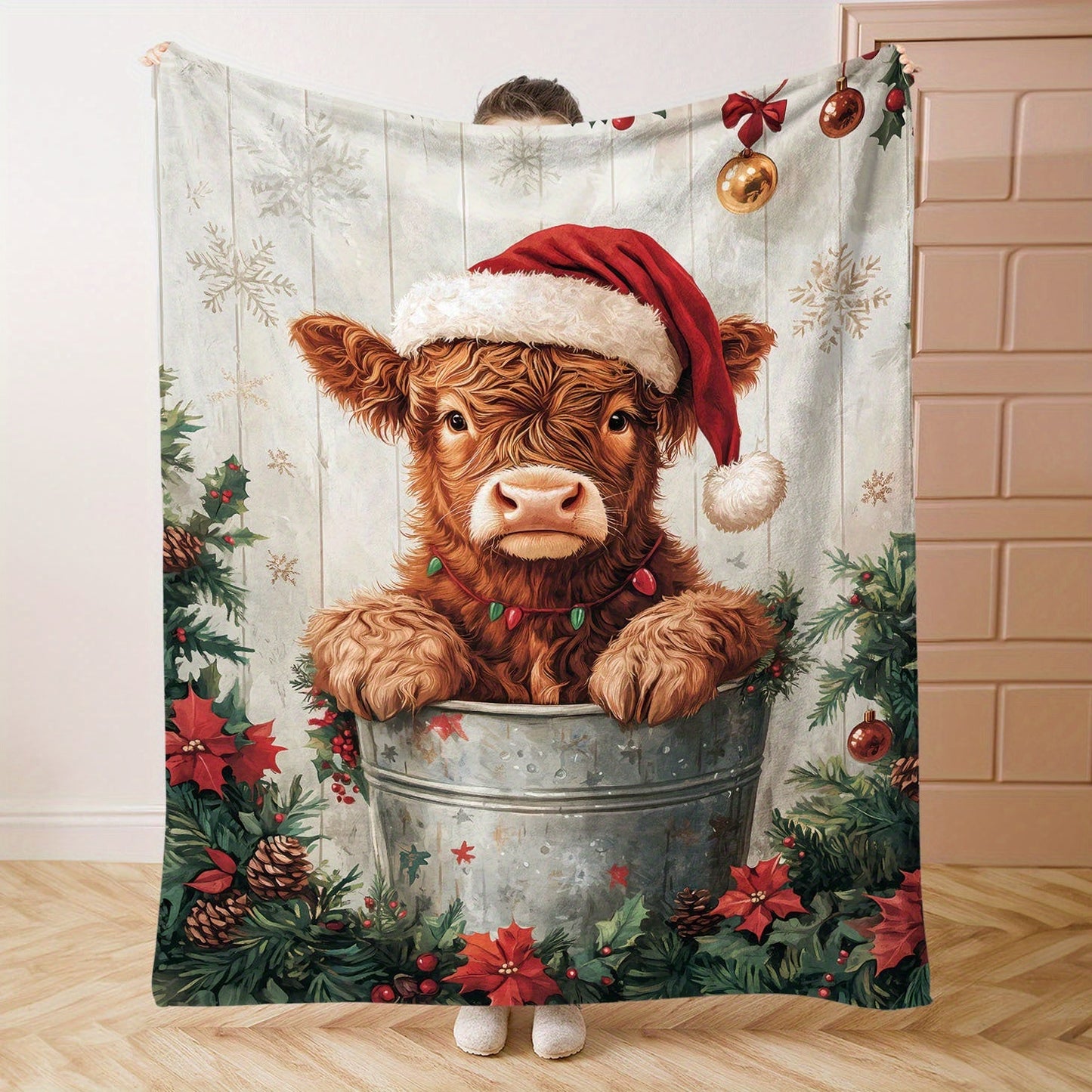 1-piece Christmas Highland Cow wearing a Santa Hat Ice Bucket Pattern Flannel Blanket. Made from soft knitted polyester, this throw is perfect for bed, sofa, office, camping, and all-season use. Featuring a mid-century style with a fabric weight of