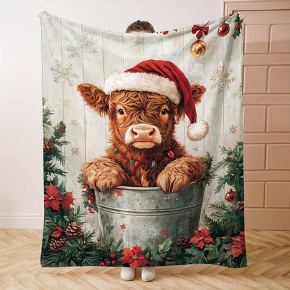 1-piece Christmas Highland Cow wearing a Santa Hat Ice Bucket Pattern Flannel Blanket. Made from soft knitted polyester, this throw is perfect for bed, sofa, office, camping, and all-season use. Featuring a mid-century style with a fabric weight of