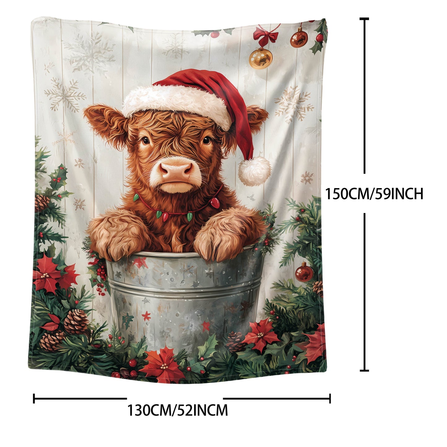 1-piece Christmas Highland Cow wearing a Santa Hat Ice Bucket Pattern Flannel Blanket. Made from soft knitted polyester, this throw is perfect for bed, sofa, office, camping, and all-season use. Featuring a mid-century style with a fabric weight of