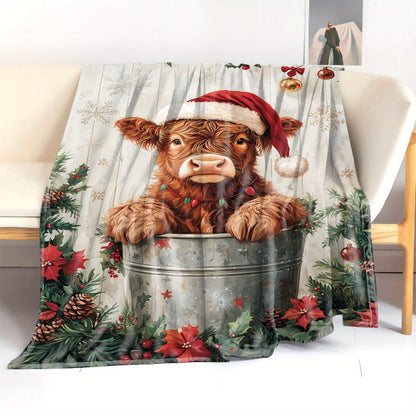 1-piece Christmas Highland Cow wearing a Santa Hat Ice Bucket Pattern Flannel Blanket. Made from soft knitted polyester, this throw is perfect for bed, sofa, office, camping, and all-season use. Featuring a mid-century style with a fabric weight of