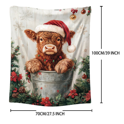 1-piece Christmas Highland Cow wearing a Santa Hat Ice Bucket Pattern Flannel Blanket. Made from soft knitted polyester, this throw is perfect for bed, sofa, office, camping, and all-season use. Featuring a mid-century style with a fabric weight of