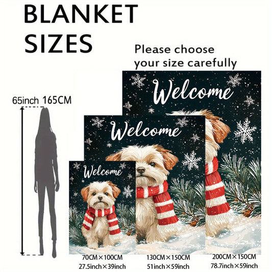 Soft and cozy 1-piece mid-century style Christmas dog with red and white scarf print flannel throw blanket. This all-season knitted polyester blanket is perfect for bed, sofa, office, or camping. Features a digital print and weighs between 200-250gsm.