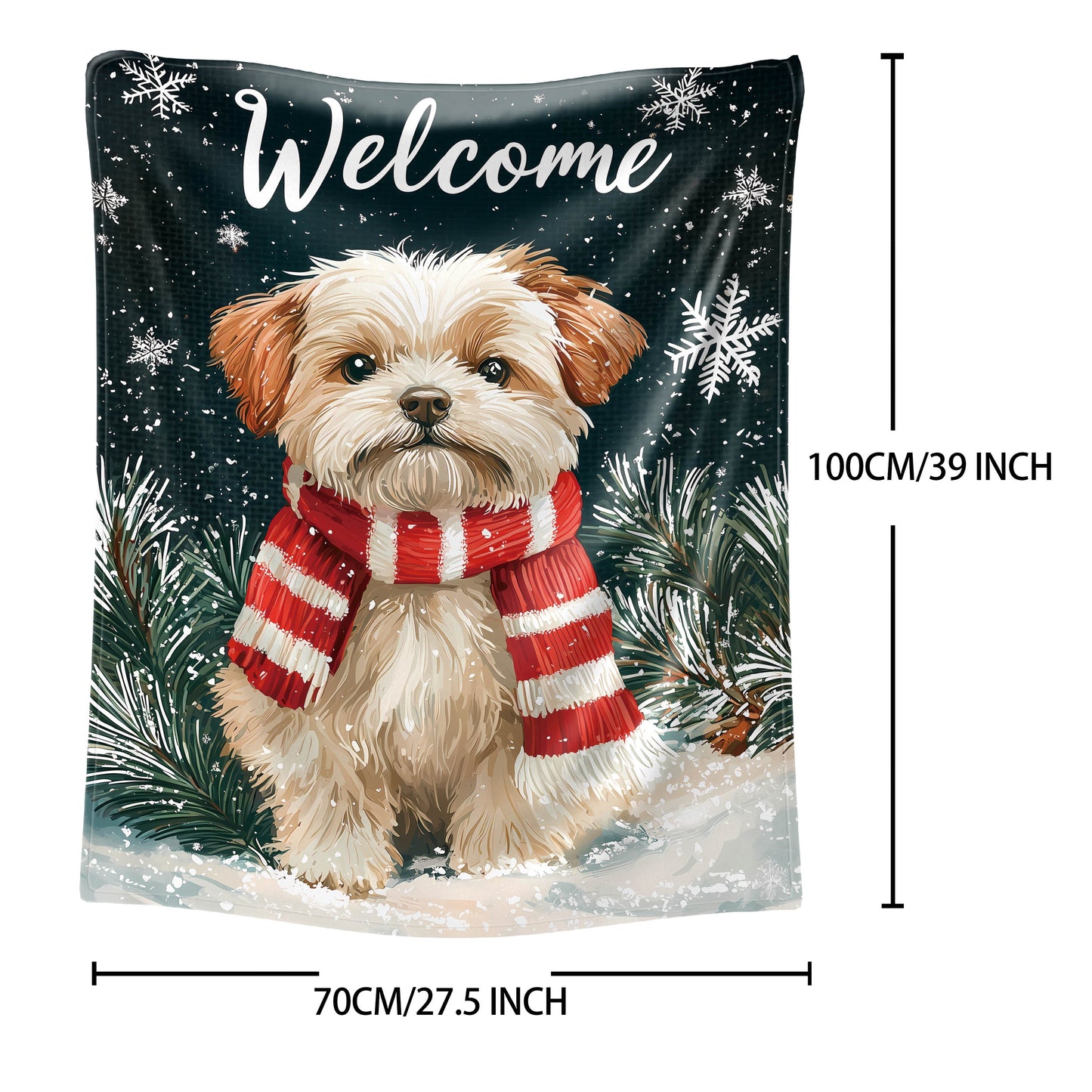 Soft and cozy 1-piece mid-century style Christmas dog with red and white scarf print flannel throw blanket. This all-season knitted polyester blanket is perfect for bed, sofa, office, or camping. Features a digital print and weighs between 200-250gsm.