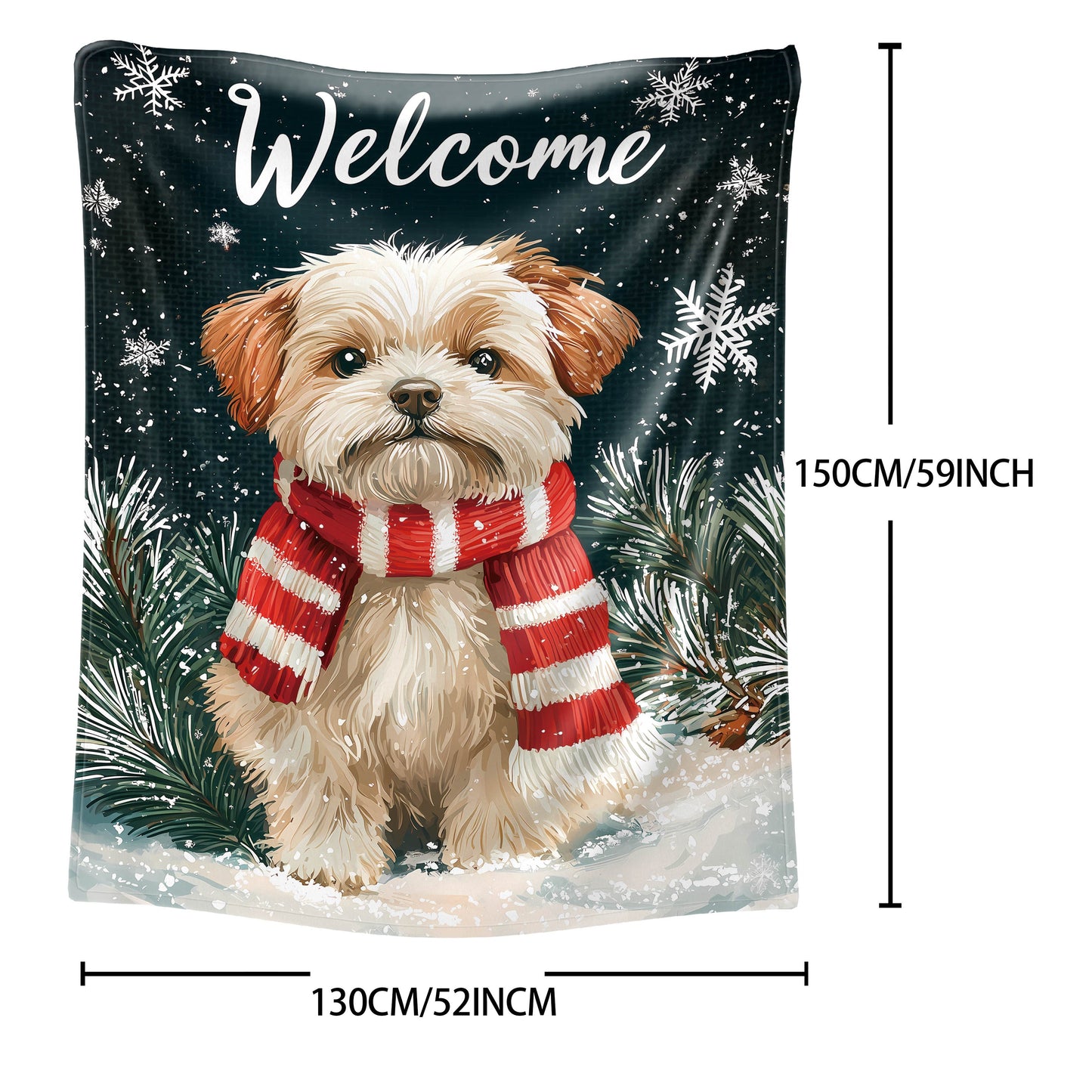 Soft and cozy 1-piece mid-century style Christmas dog with red and white scarf print flannel throw blanket. This all-season knitted polyester blanket is perfect for bed, sofa, office, or camping. Features a digital print and weighs between 200-250gsm.