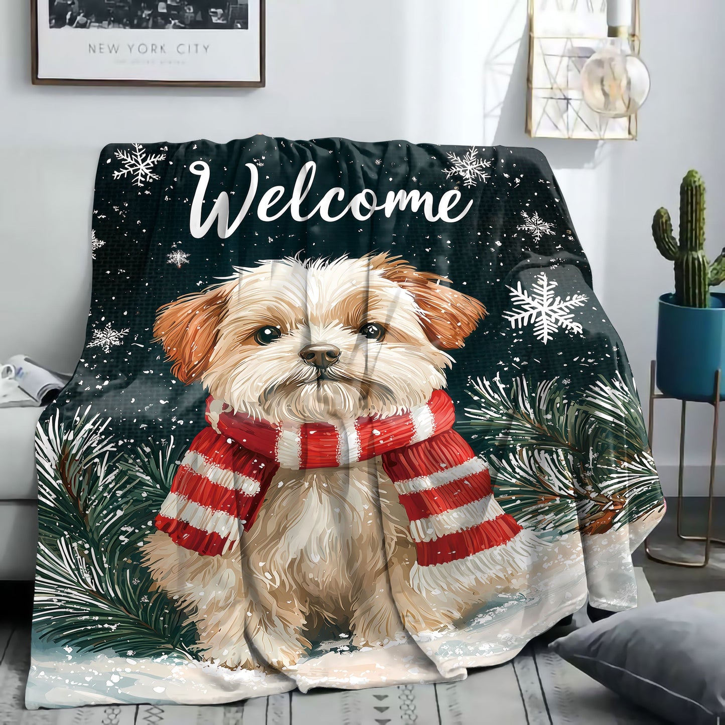 Soft and cozy 1-piece mid-century style Christmas dog with red and white scarf print flannel throw blanket. This all-season knitted polyester blanket is perfect for bed, sofa, office, or camping. Features a digital print and weighs between 200-250gsm.