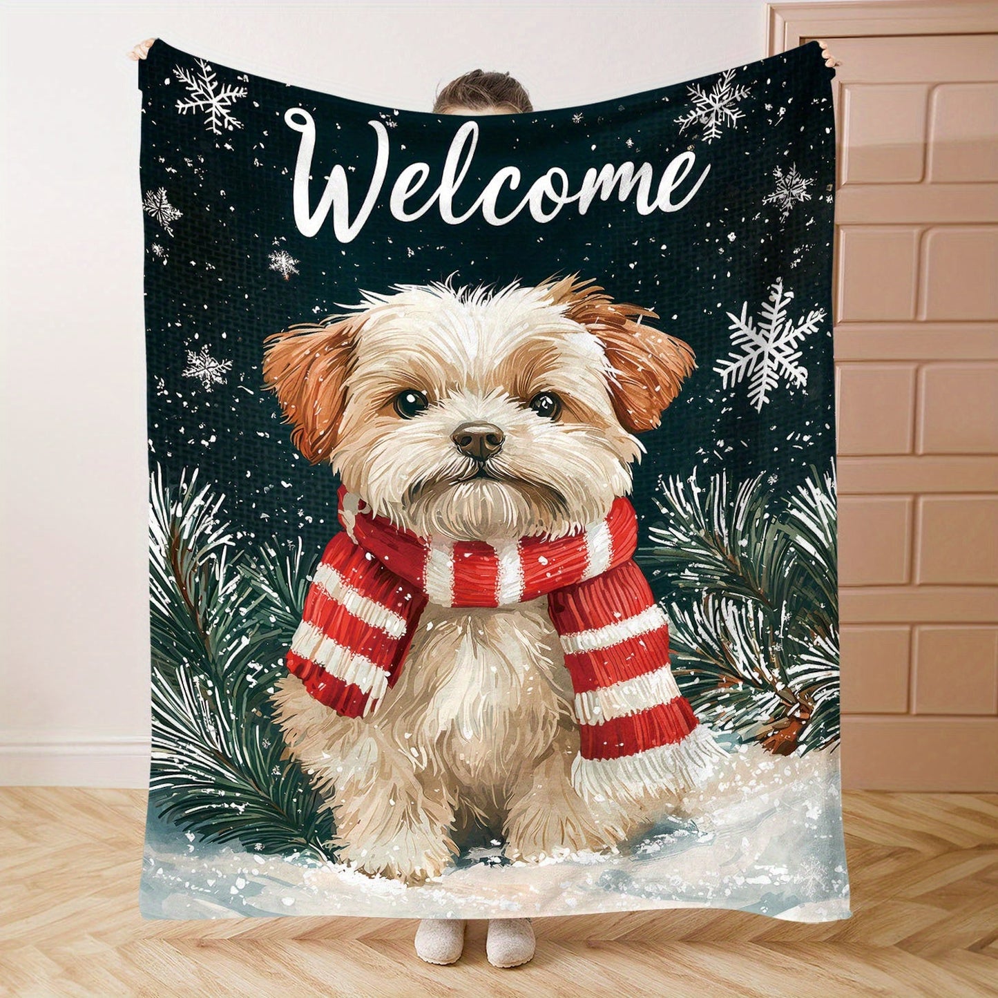 Soft and cozy 1-piece mid-century style Christmas dog with red and white scarf print flannel throw blanket. This all-season knitted polyester blanket is perfect for bed, sofa, office, or camping. Features a digital print and weighs between 200-250gsm.