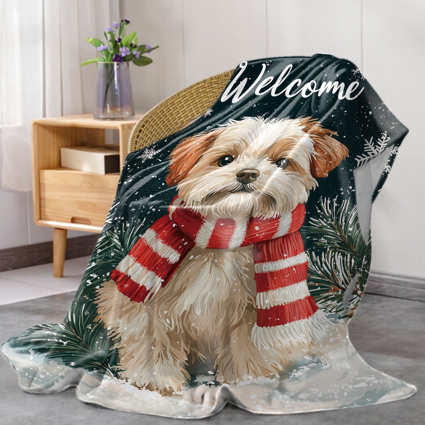 Soft and cozy 1-piece mid-century style Christmas dog with red and white scarf print flannel throw blanket. This all-season knitted polyester blanket is perfect for bed, sofa, office, or camping. Features a digital print and weighs between 200-250gsm.