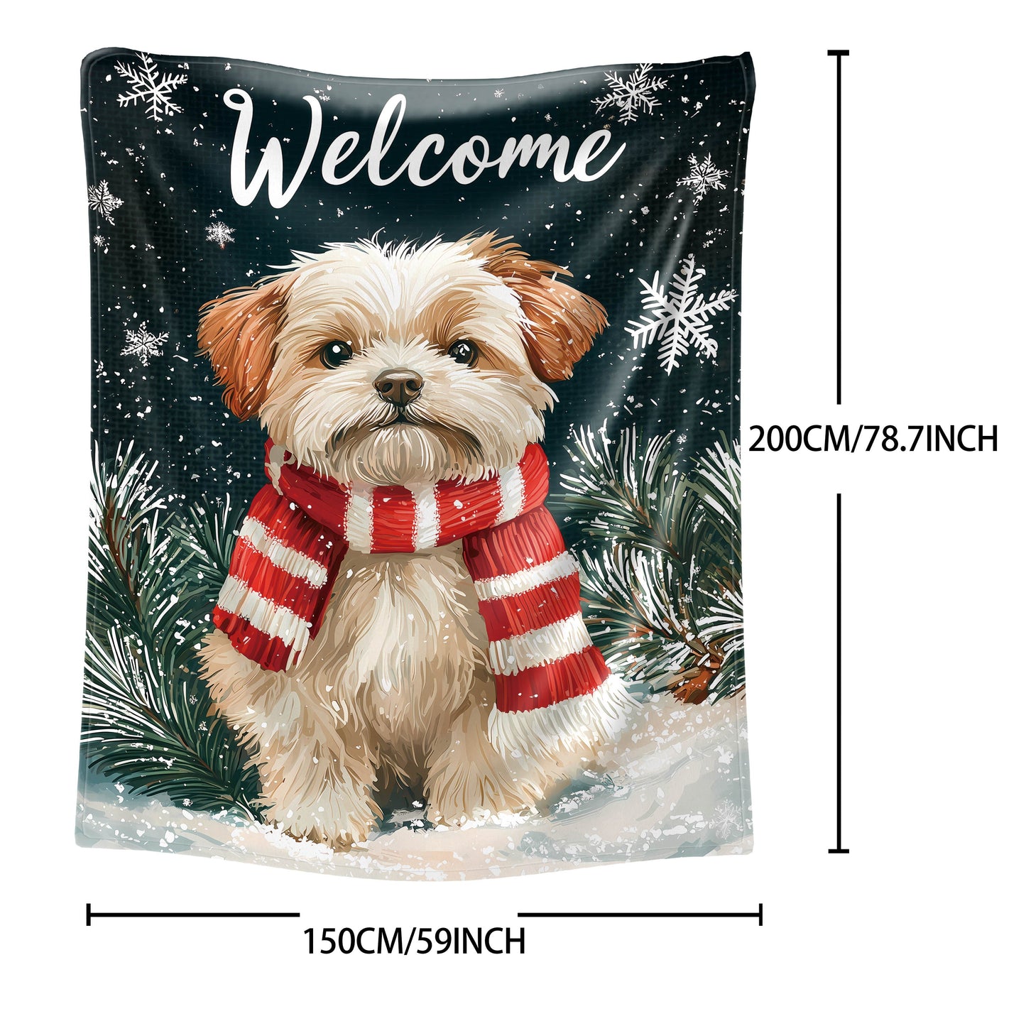 Soft and cozy 1-piece mid-century style Christmas dog with red and white scarf print flannel throw blanket. This all-season knitted polyester blanket is perfect for bed, sofa, office, or camping. Features a digital print and weighs between 200-250gsm.