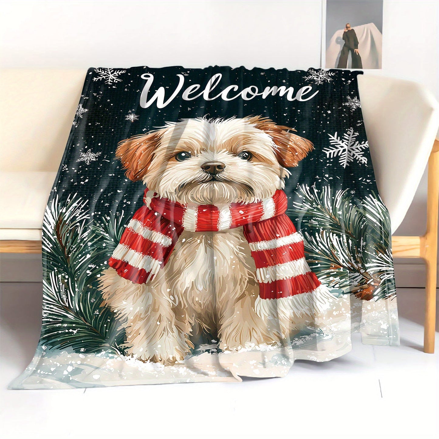 Soft and cozy 1-piece mid-century style Christmas dog with red and white scarf print flannel throw blanket. This all-season knitted polyester blanket is perfect for bed, sofa, office, or camping. Features a digital print and weighs between 200-250gsm.