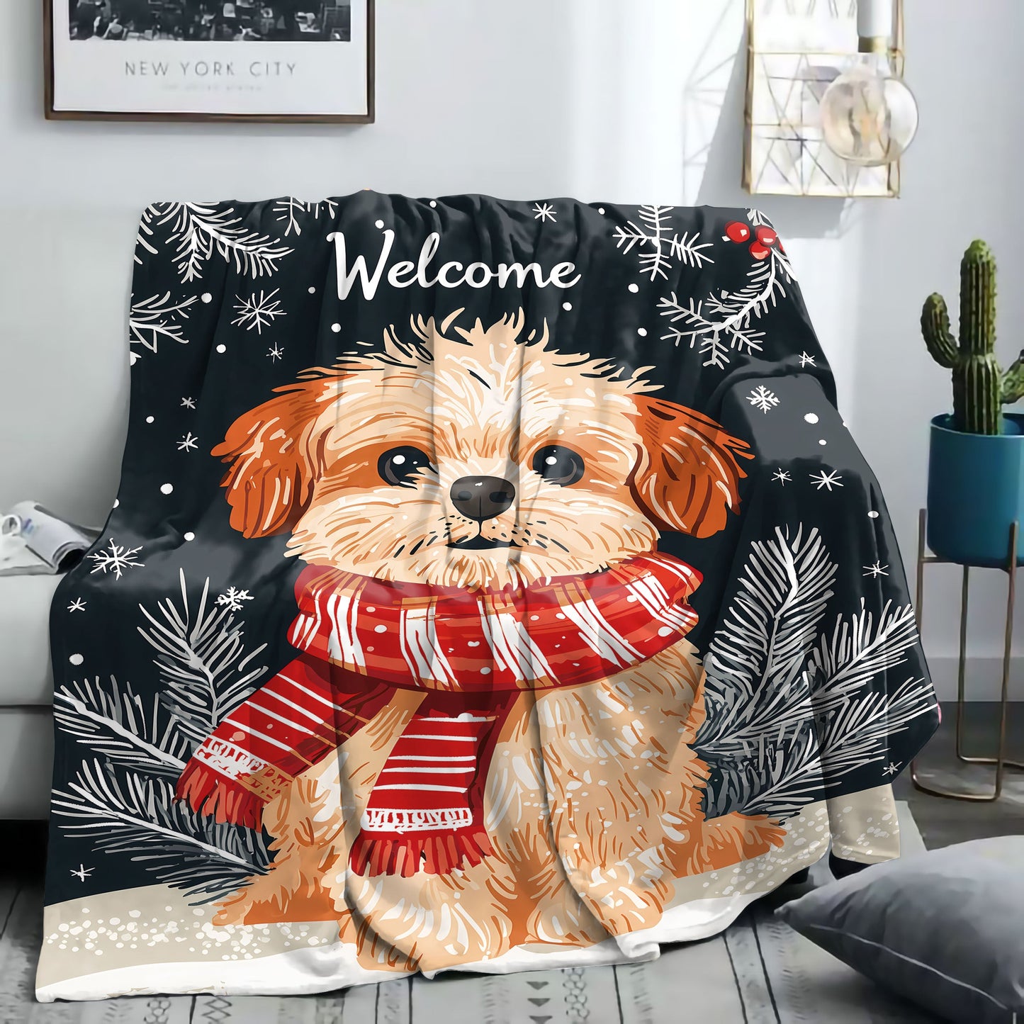 Soft knitted polyester throw blanket featuring a Christmas dog with red and white scarf print. Suitable for use on bed, sofa, office, or during camping. Perfect for all-season use with a mid-century style design and lightweight 200-250g fabric.