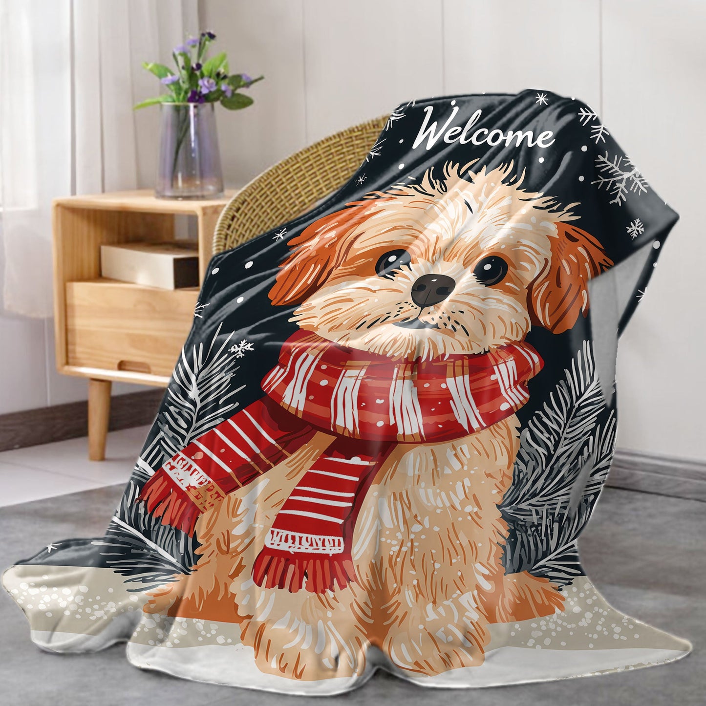 Soft knitted polyester throw blanket featuring a Christmas dog with red and white scarf print. Suitable for use on bed, sofa, office, or during camping. Perfect for all-season use with a mid-century style design and lightweight 200-250g fabric.