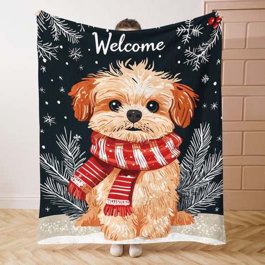 Soft knitted polyester throw blanket featuring a Christmas dog with red and white scarf print. Suitable for use on bed, sofa, office, or during camping. Perfect for all-season use with a mid-century style design and lightweight 200-250g fabric.