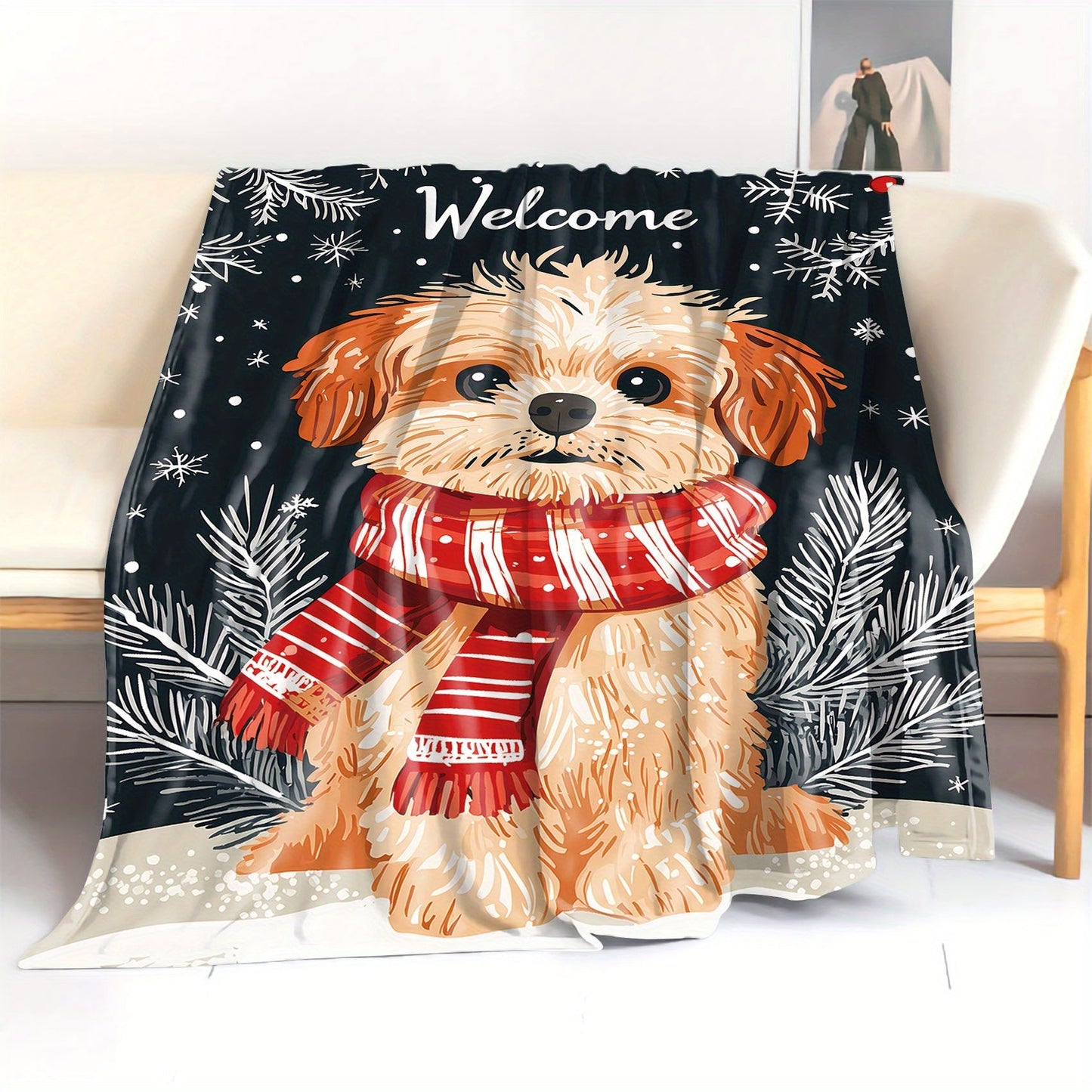 Soft knitted polyester throw blanket featuring a Christmas dog with red and white scarf print. Suitable for use on bed, sofa, office, or during camping. Perfect for all-season use with a mid-century style design and lightweight 200-250g fabric.