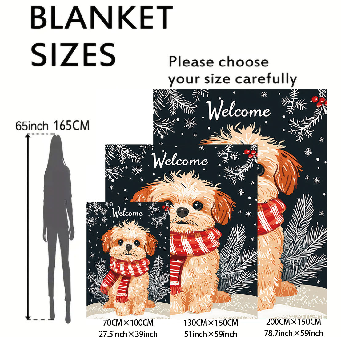 Soft knitted polyester throw blanket featuring a Christmas dog with red and white scarf print. Suitable for use on bed, sofa, office, or during camping. Perfect for all-season use with a mid-century style design and lightweight 200-250g fabric.