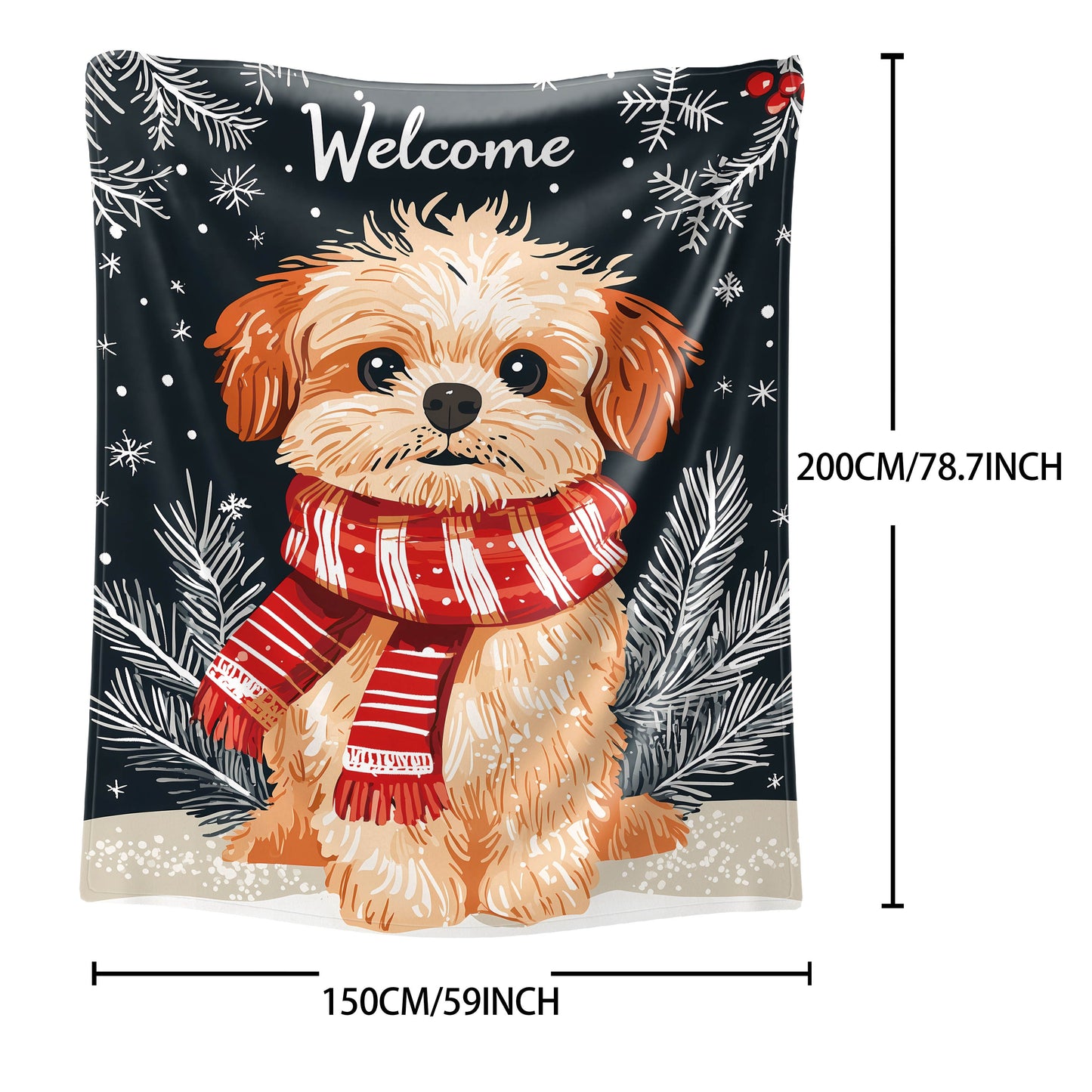 Soft knitted polyester throw blanket featuring a Christmas dog with red and white scarf print. Suitable for use on bed, sofa, office, or during camping. Perfect for all-season use with a mid-century style design and lightweight 200-250g fabric.