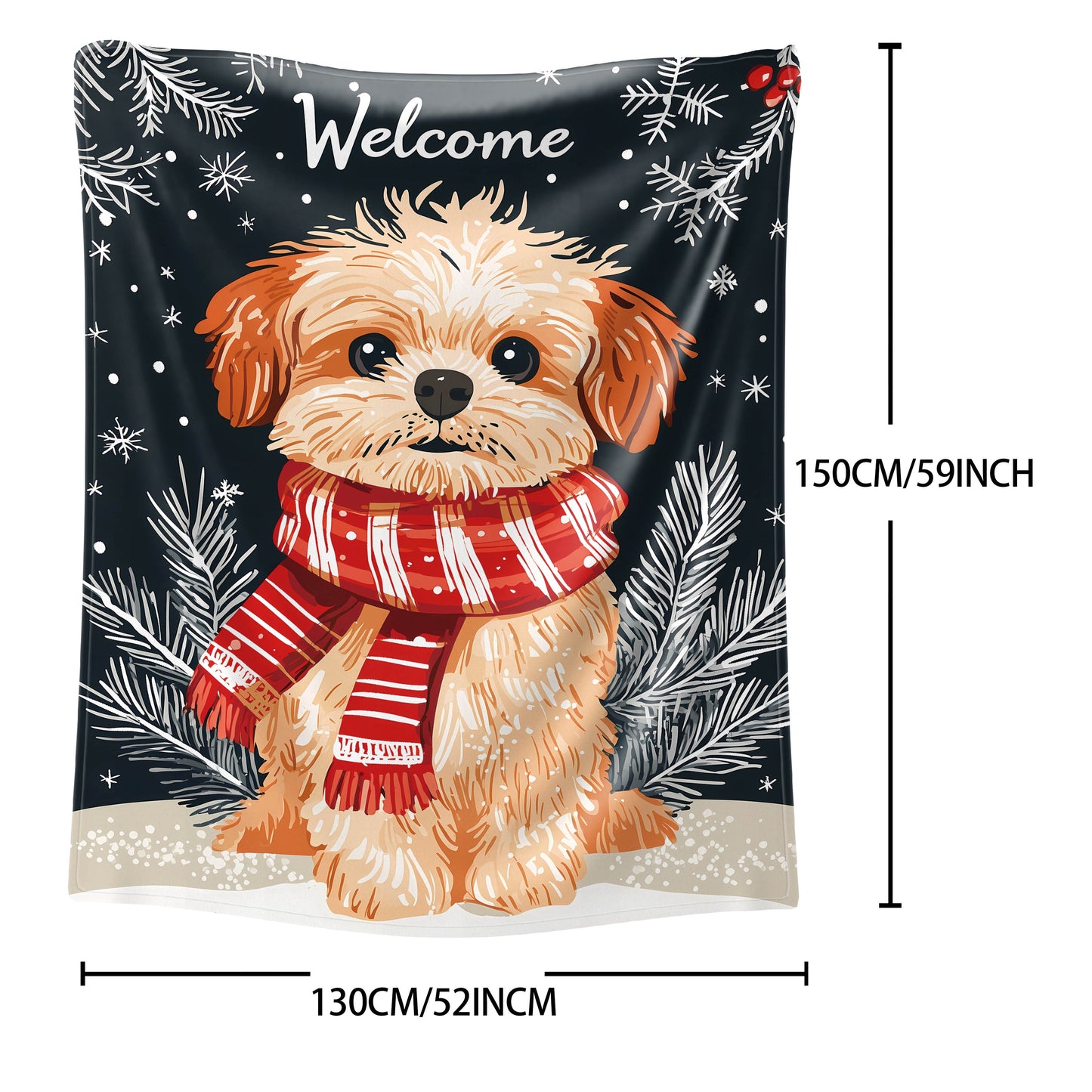 Soft knitted polyester throw blanket featuring a Christmas dog with red and white scarf print. Suitable for use on bed, sofa, office, or during camping. Perfect for all-season use with a mid-century style design and lightweight 200-250g fabric.