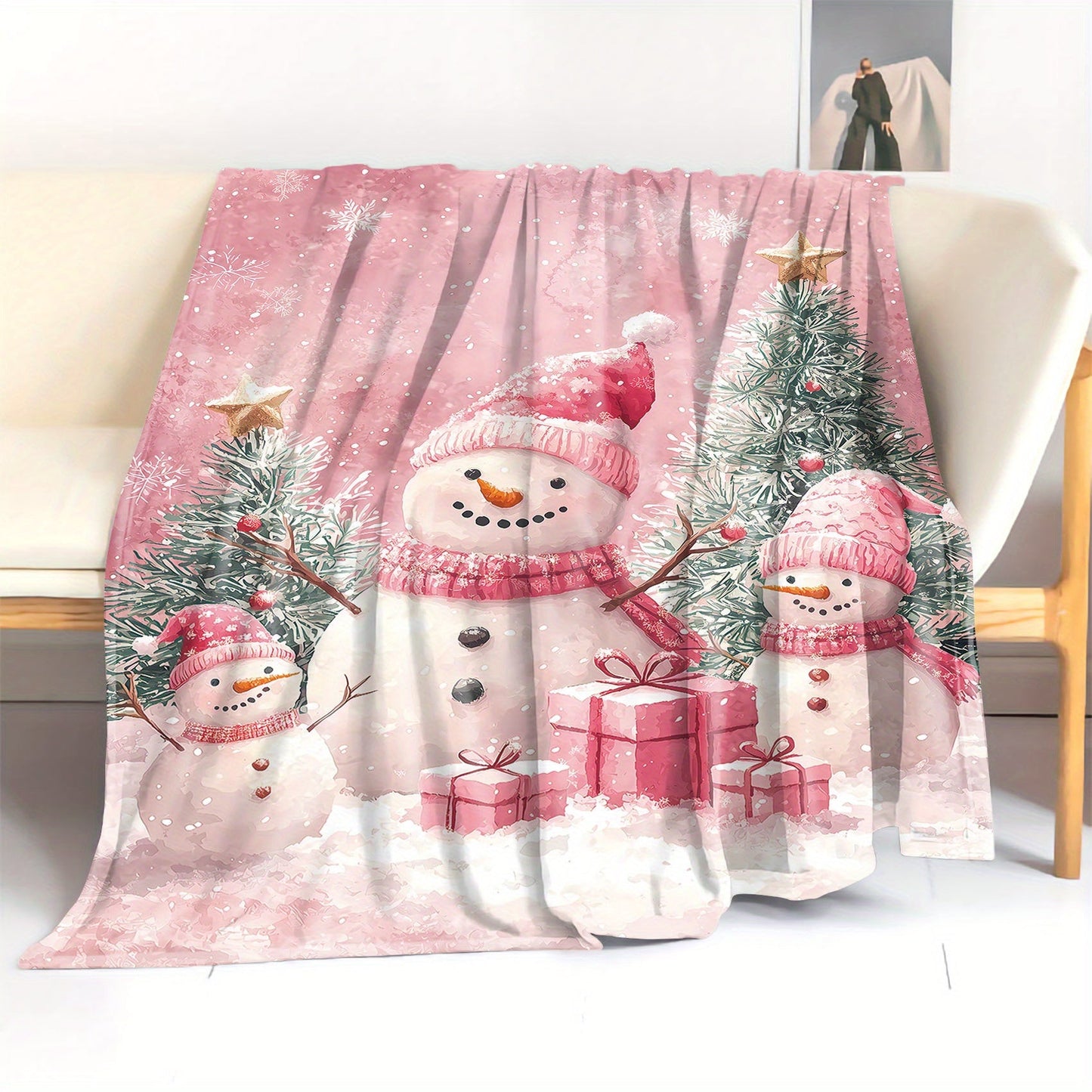 Mid-Century Style Christmas Flannel Throw Blanket featuring Snowmen, Presents & Trees Digital Print - Soft Polyester Knit - All-Season Cozy Blanket for Sofa, Bed, Office, Camping - Lightweight Fabric (200-250g)