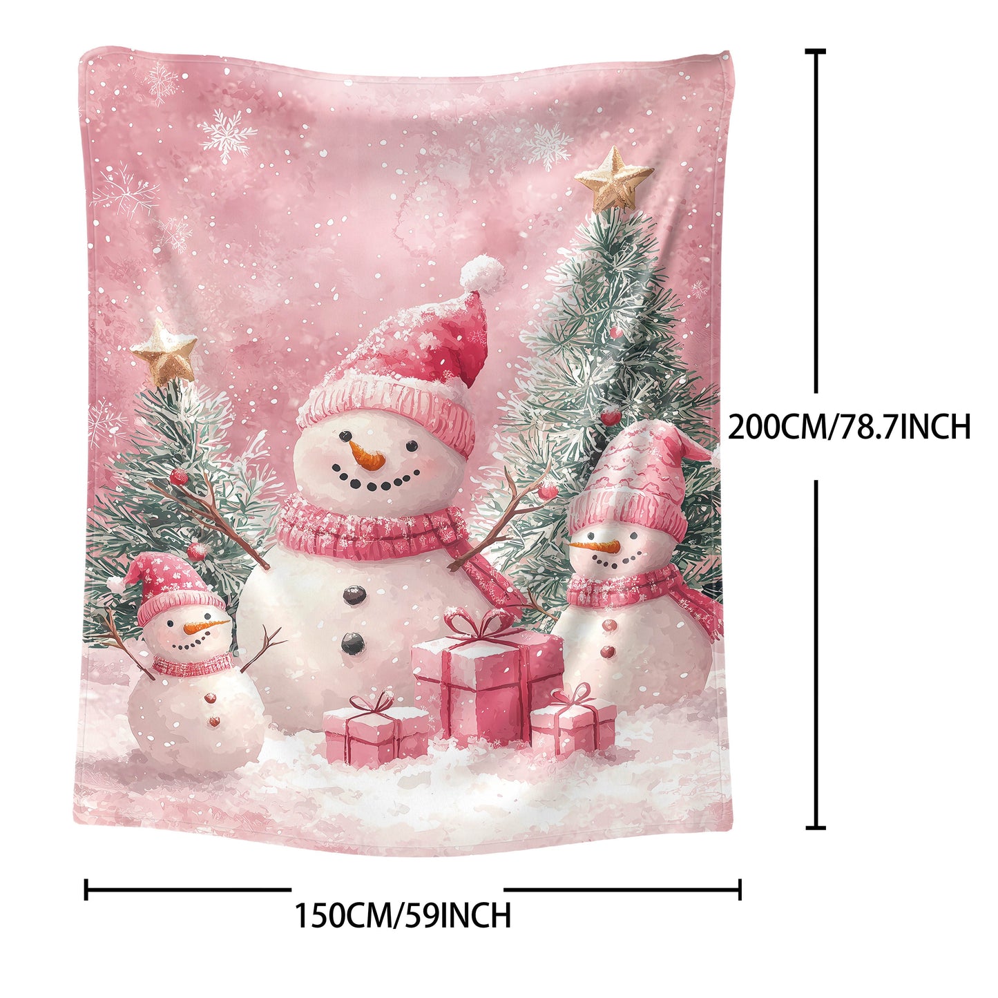 Mid-Century Style Christmas Flannel Throw Blanket featuring Snowmen, Presents & Trees Digital Print - Soft Polyester Knit - All-Season Cozy Blanket for Sofa, Bed, Office, Camping - Lightweight Fabric (200-250g)