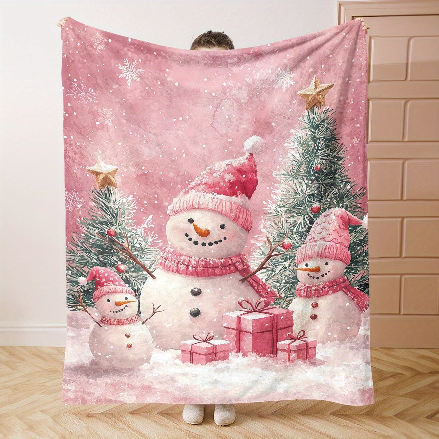 Mid-Century Style Christmas Flannel Throw Blanket featuring Snowmen, Presents & Trees Digital Print - Soft Polyester Knit - All-Season Cozy Blanket for Sofa, Bed, Office, Camping - Lightweight Fabric (200-250g)