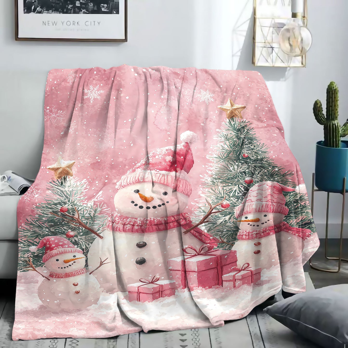 Mid-Century Style Christmas Flannel Throw Blanket featuring Snowmen, Presents & Trees Digital Print - Soft Polyester Knit - All-Season Cozy Blanket for Sofa, Bed, Office, Camping - Lightweight Fabric (200-250g)