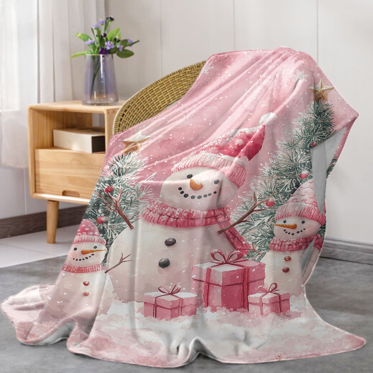 Mid-Century Style Christmas Flannel Throw Blanket featuring Snowmen, Presents & Trees Digital Print - Soft Polyester Knit - All-Season Cozy Blanket for Sofa, Bed, Office, Camping - Lightweight Fabric (200-250g)