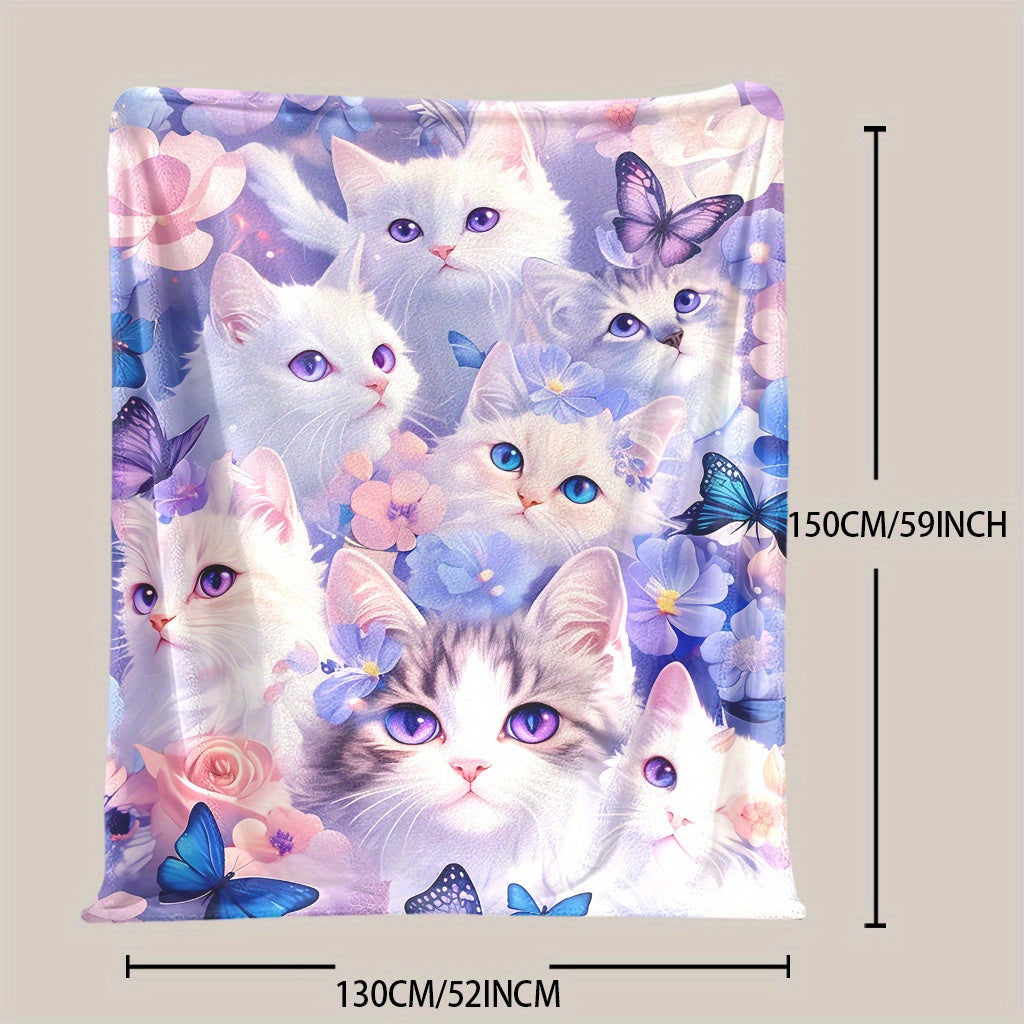 Whimsical Feline Flannel Fleece Blanket - Adorable Cat, Flower & Butterfly Design - Multi-Use Throw for Any Season - Perfect for Naptime, Camping, Travel, Office & Home - Easy to Clean in Washing Machine