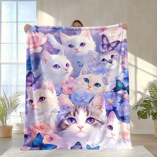 Whimsical Feline Flannel Fleece Blanket - Adorable Cat, Flower & Butterfly Design - Multi-Use Throw for Any Season - Perfect for Naptime, Camping, Travel, Office & Home - Easy to Clean in Washing Machine