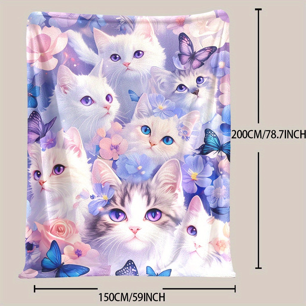 Whimsical Feline Flannel Fleece Blanket - Adorable Cat, Flower & Butterfly Design - Multi-Use Throw for Any Season - Perfect for Naptime, Camping, Travel, Office & Home - Easy to Clean in Washing Machine